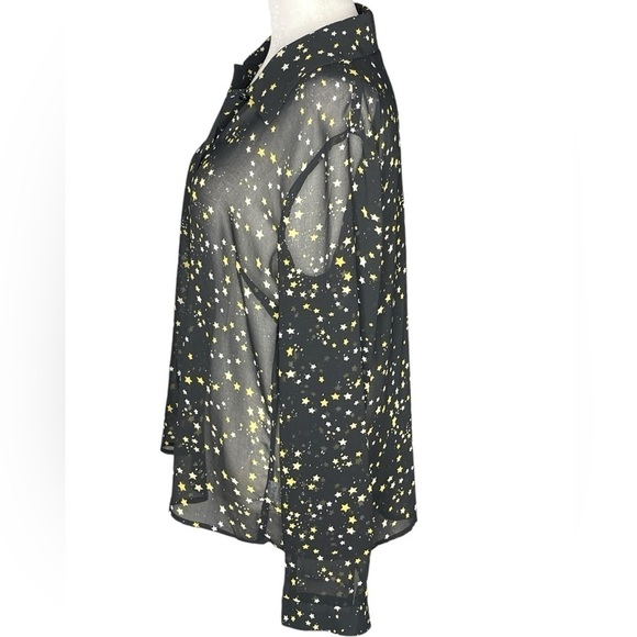 Cabi whimsical Sheer Button Down Blouse Black w Yellow & White Stars Size S - Picture 5 of 8